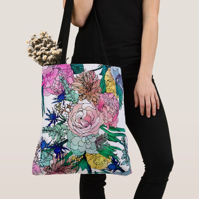 Stylish Colourful Watercolor Floral Pattern Tote Bag (Close Up)