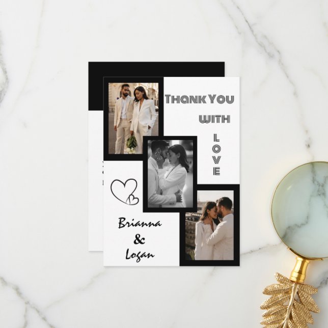Stylish Contemporary Black & White Wedding Thank You Card (Front/Back In Situ)