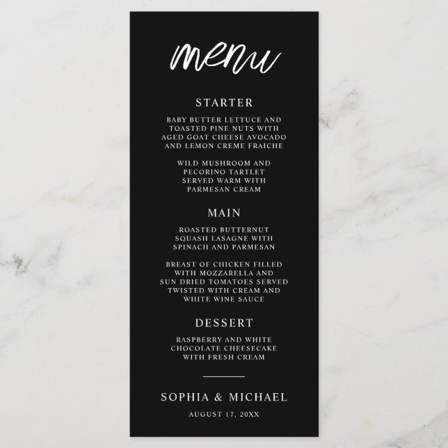 Stylish Contemporary Script Black White Wedding Menu (Front)