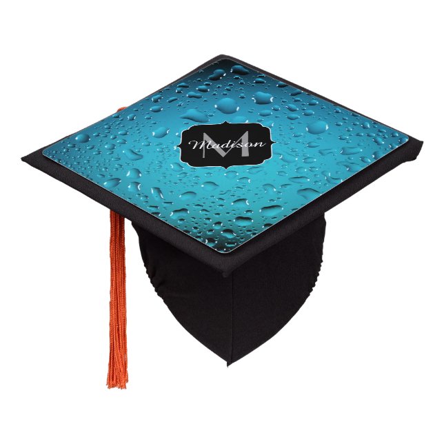 Stylish Cool Blue water drops Monogram Graduation Cap Topper (Angled)