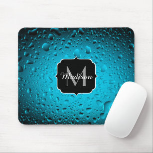 Stylish Cool Blue water drops Monogram Mouse Pad