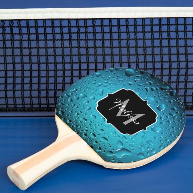 Stylish Cool Blue water drops Monogram Ping Pong Paddle (Insitu)
