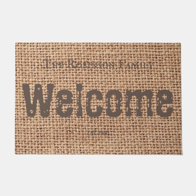 Stylish cool text rustic design burlap family  doormat (Front)