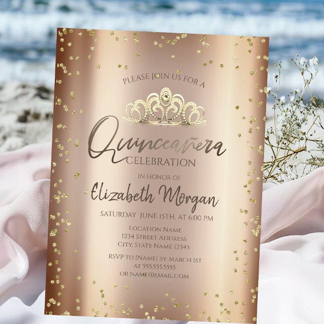 Stylish Cool Tiara,Diamonds Cooper Quinceañera Invitation (Creator Uploaded)