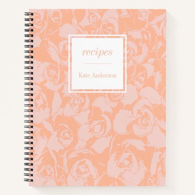 Stylish Coral Pink Floral Pattern Custom Recipe Notebook (Front)