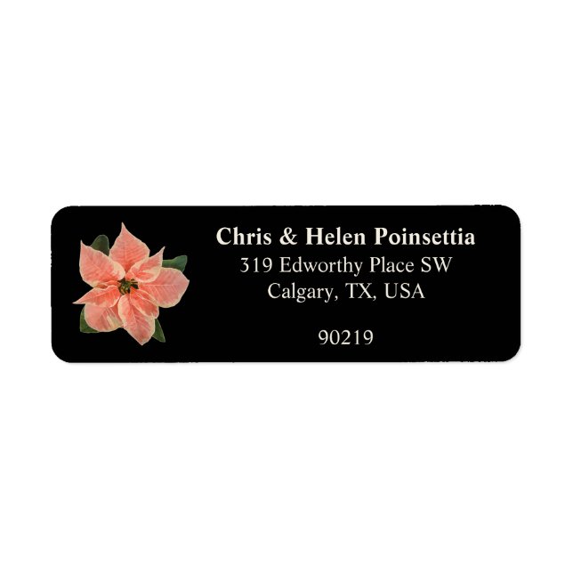 Stylish Coral Poinsettia Black Address Label (Front)