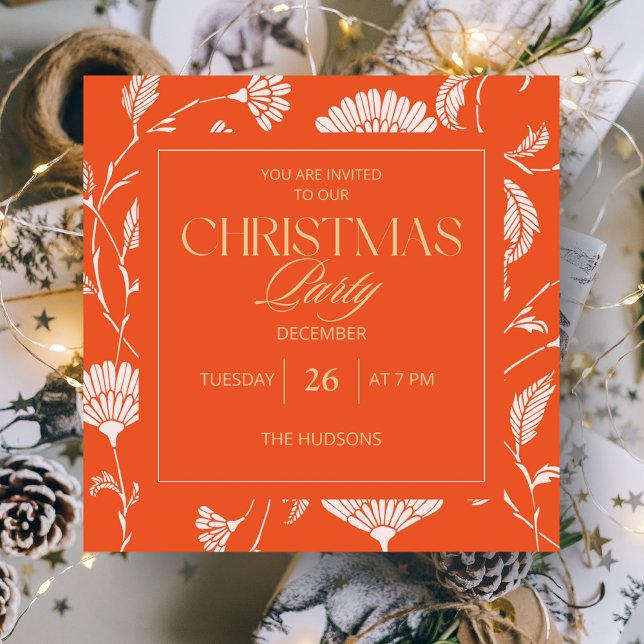 Stylish Coral Red Floral Pattern Christmas Party Holiday Card (Creator Uploaded)