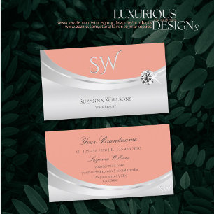 Stylish Coral Silver with Monogram and Diamond Business Card