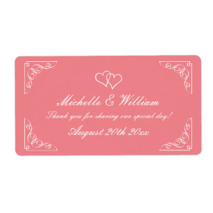 Stylish coral wedding wine or water bottle labels