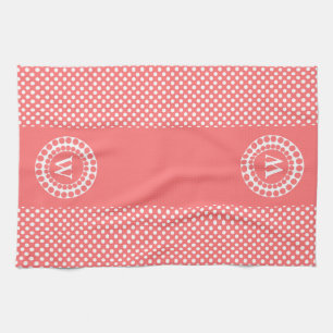 Stylish Coral & White Polka Dot Monogram Kitchen Towel