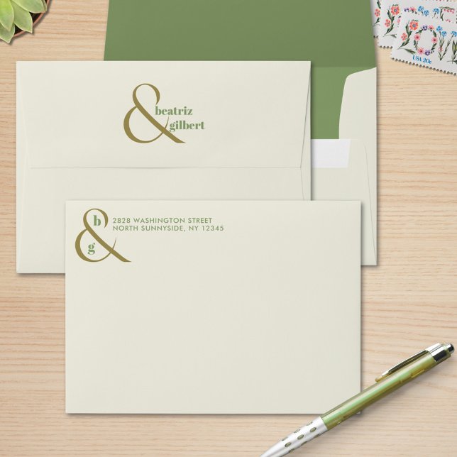 Stylish Cream Moss and Olive Green Modern Monogram Envelope (Elegant coordinating return address envelope with your monogram. Modern typography)