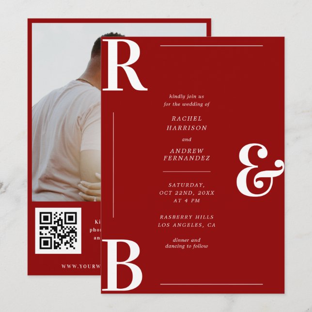 Stylish Crimson Red Monogram QR Code Wedding Invitation (Front/Back)