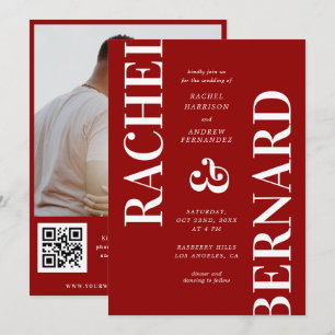 Stylish Crimson Red Typography QR Code Wedding Invitation