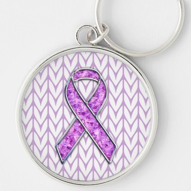Stylish Crystal Pink Ribbon Awareness Knit Keychain (Front)