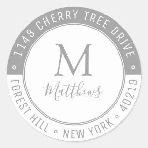 Stylish Custom Monogram Last Name & Return Address Classic Round Sticker