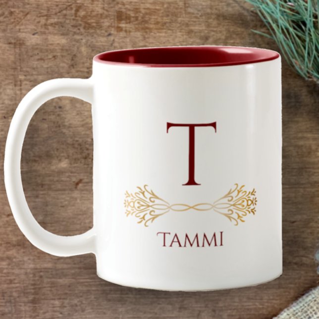 Stylish Custom Monogram Name Original Christmas Two-Tone Coffee Mug (Personalize this elegant, simple, original design monogrammed mug for great Christmas holiday gift.)