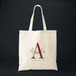 Stylish Custom Monogram Name Script Calligraphy  Tote Bag<br><div class="desc">Elegant, stylish tote bag with your custom name and monogram in a trendy hand lettered script calligraphy design in minimalist burgundy and black, this typography driven design makes a great gift for coworkers, teachers, coaches, girlfriends, boyfriends, wives, daughters, or any other work or family member! Great for the office, grocery...</div>