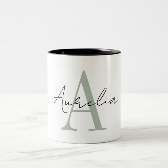 Stylish Custom Monogram Name Script Calligraphy Two-Tone Coffee Mug (Center)