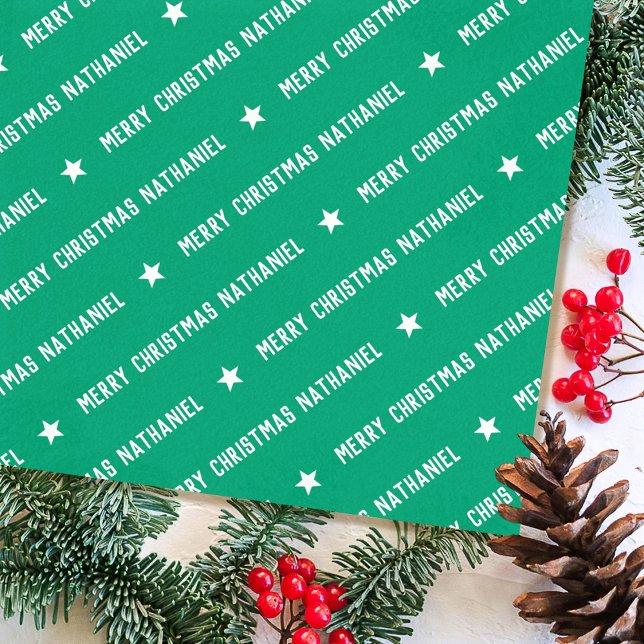 Stylish Custom Name Merry Christmas Star Mid Green Tissue Paper (Creator Uploaded)