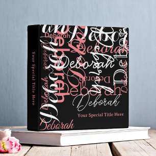 Stylish Custom Name Typography black/pink Binder