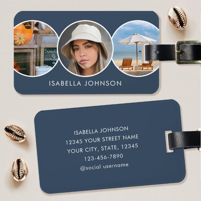 Stylish Custom Photos Slate Blue Luggage Tag (Creator Uploaded)