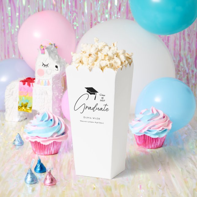 Stylish Custom Script Graduation White Popcorn Favor Box (Party)