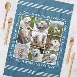 Stylish Custom Text Photo Collage Dogs Blue Kitchen Towel<br><div class="desc">Create a handy, personalized kitchen towel showcasing nine cherished photos, framed by the heartwarming message: "Home is where my dogs are." This stylish template features a photo collage arranged in a grid format, and traditional style lettering. Text can be customized to suit your photographs. Perfect for photos of family, friends,...</div>