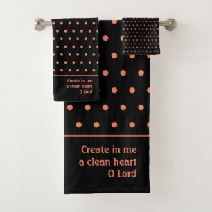 Stylish Customizable SALMON Polka Dot Black Bath Towel Set