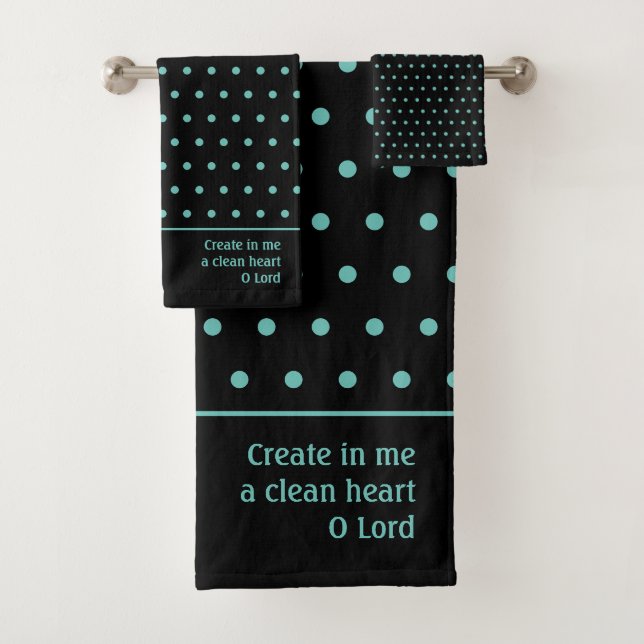 Stylish Customizable TEAL Polka Dot Black Bath Towel Set (Insitu)