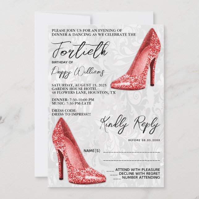 Stylish Damask, Red Stilettos 40th Birthday Invitation (Front)