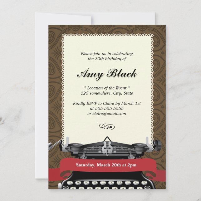 Stylish Damask Typewriter Birthday Invitations (Front)