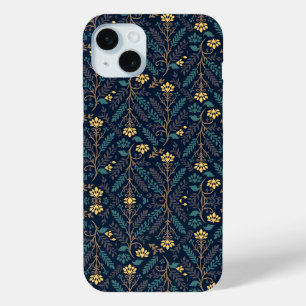 Stylish Dark Blue Fabric Pattern with Floral iPhone 15 Mini Case