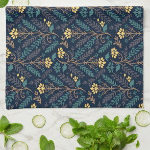Stylish Dark Blue Fabric Pattern with Floral Kitchen Towel
