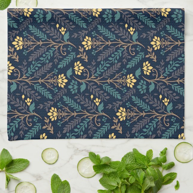 Stylish Dark Blue Fabric Pattern with Floral  Kitchen Towel (Folded)
