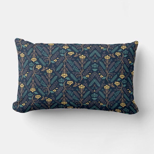 Stylish Dark Blue Fabric Pattern with Floral  Lumbar Pillow (Front)