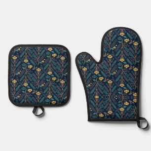 Stylish Dark Blue Fabric Pattern with Floral  Oven Mitt & Pot Holder Set