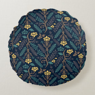 Stylish Dark Blue Fabric Pattern with Floral Round Pillow
