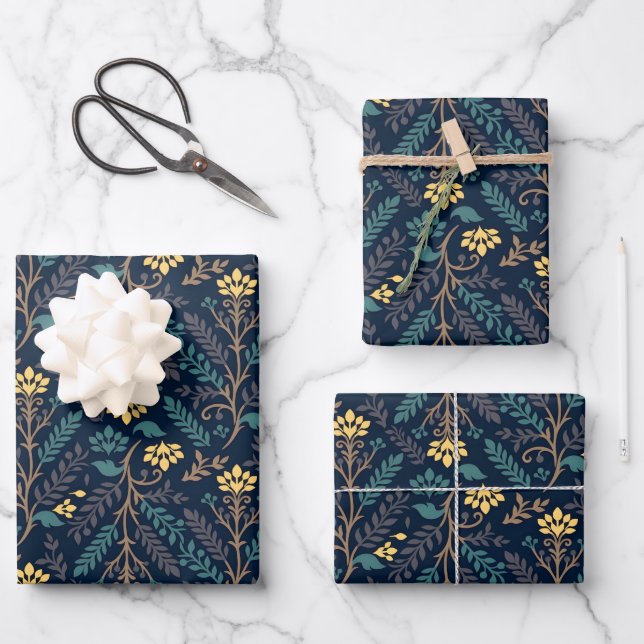 Stylish Dark Blue Fabric Pattern with Floral  Wrapping Paper Sheet (Front)