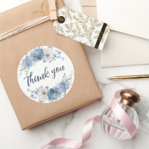 Stylish Dark Blue Ivory Floral Thank You Classic Round Sticker