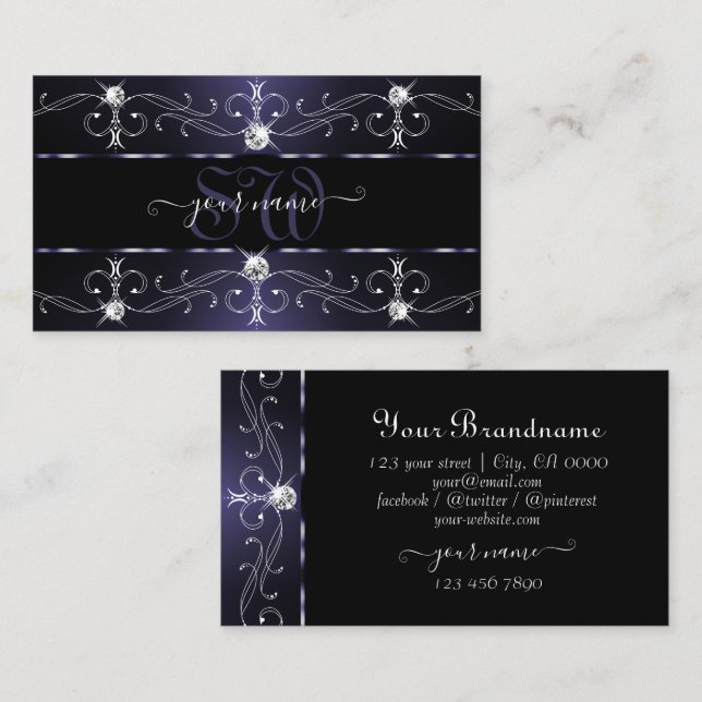 Stylish Dark Blue White Ornate Borders Monogram Business Card (Front/Back)