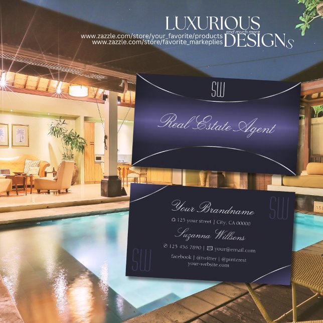 Stylish Dark Blue with Silver Border and Monogram Business Card (Creator Uploaded)