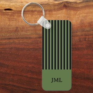Stylish Dark Green and Black Stripes Monogram Keychain