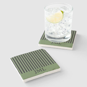 Stylish Dark Green and Black Stripes Monogram  Stone Coaster