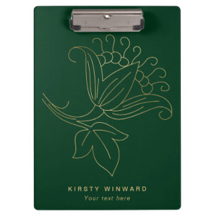 Stylish Dark Green and Gold Botanical Flower Clipboard