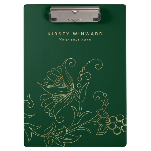 Stylish Dark Green and Gold Botanical Flowers Clipboard (Front)