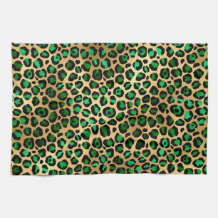 Stylish Dark Green and Gold Foil Leopard Spots Kitchen Towel