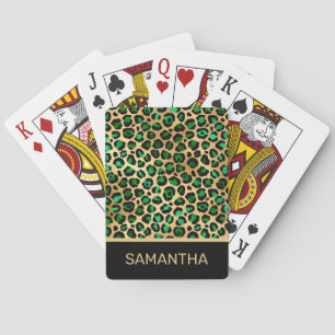 Stylish Dark Green and Gold Foil Leopard Spots Playing Cards