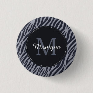 Stylish Dark Grey Zebra Print Monogram and Name 1 Inch Round Button