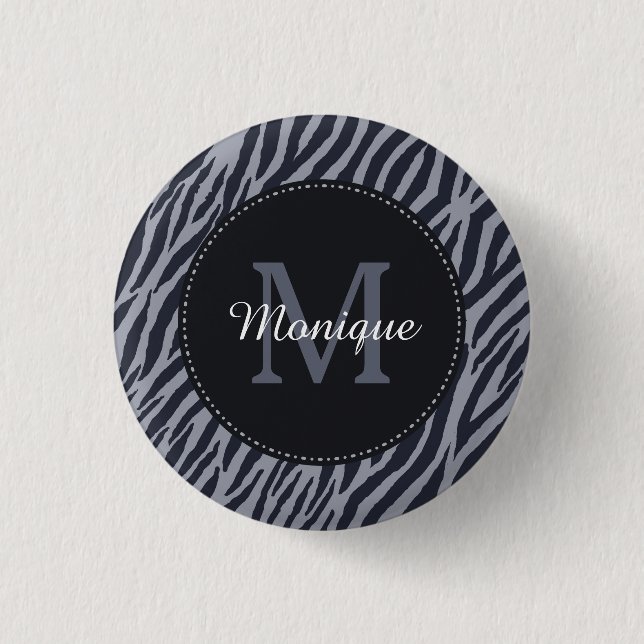 Stylish Dark Grey Zebra Print Monogram and Name 1 Inch Round Button (Front)