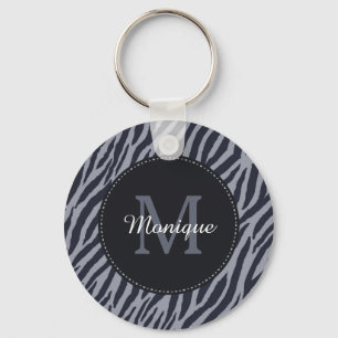 Stylish Dark Grey Zebra Print Monogram and Name Keychain